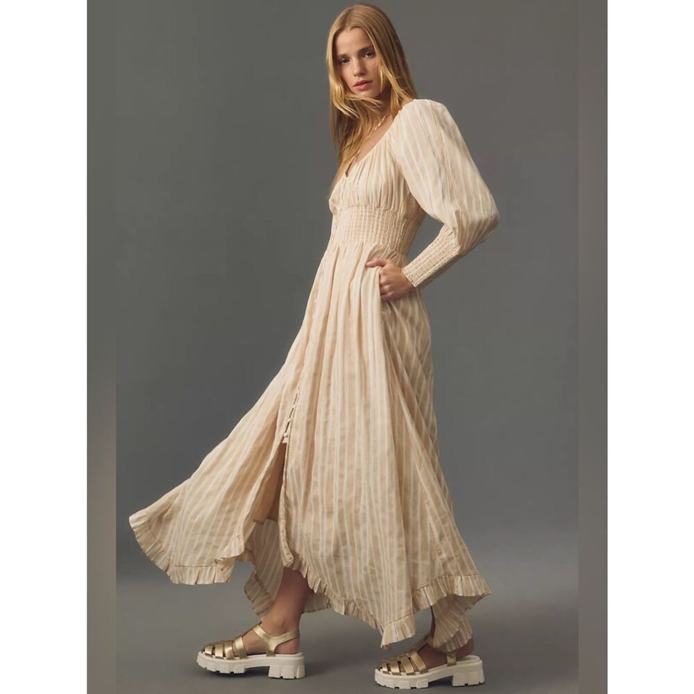 New By Anthropologie Long-Sleeve Smocked-Waist Stripe Maxi Dress Size S - Picture 4 of 8